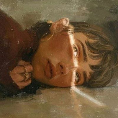 This may contain: a painting of a person laying on the ground with their head resting on his hand