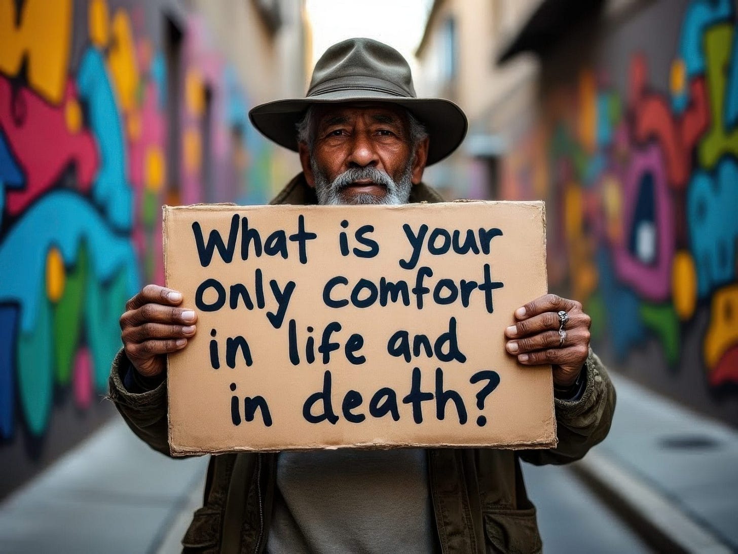 An old man holding up a cardboard sign with the question: What is your only comfort in life and in death? Colorful graffiti is on the wall in the background.