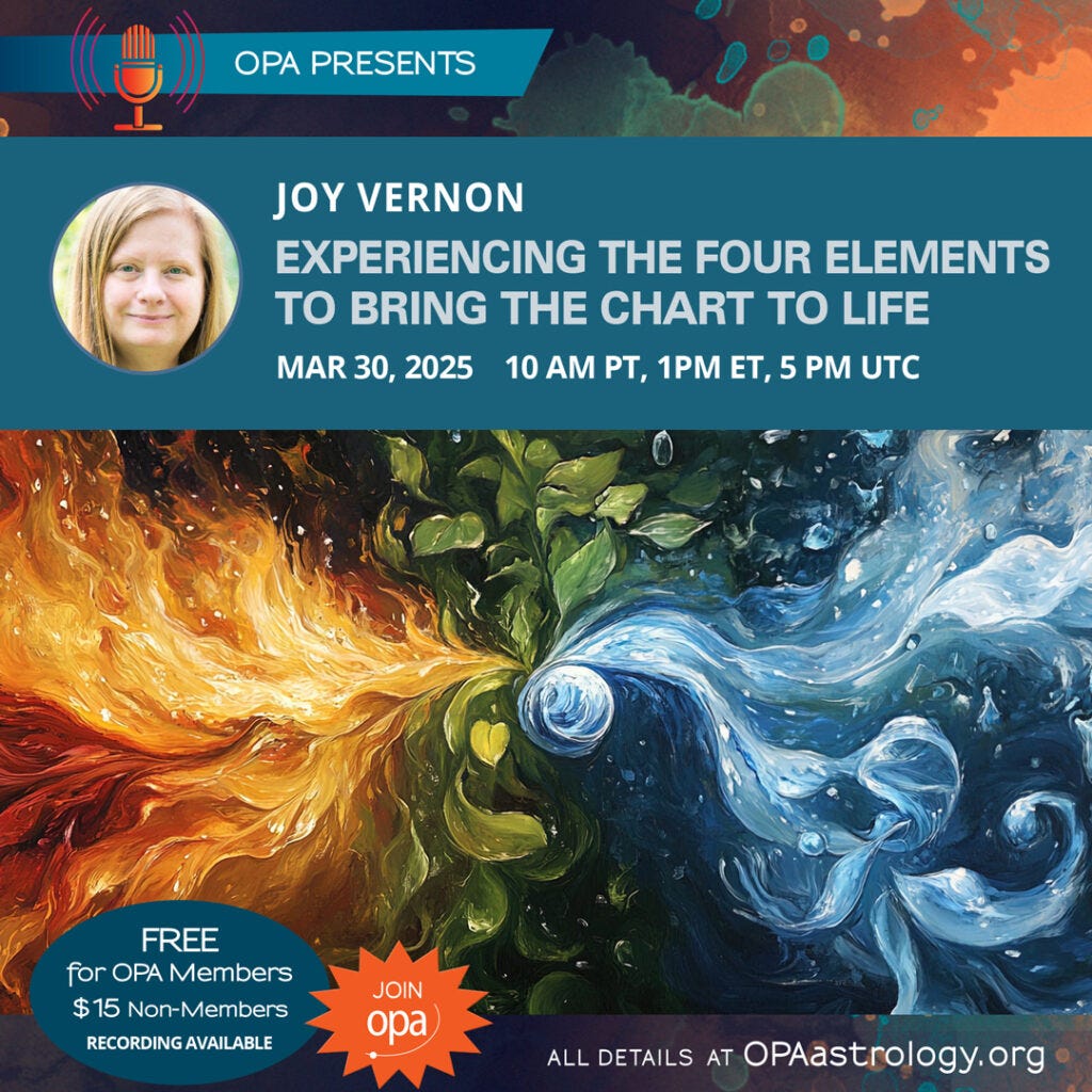 Flame, leaves, rain and wind swirl together in the graphic for Experiencing the Four Elements to Bring the Astrology Chart to Life presented by Joy Vernon for The Organization for Professional Astrology. 