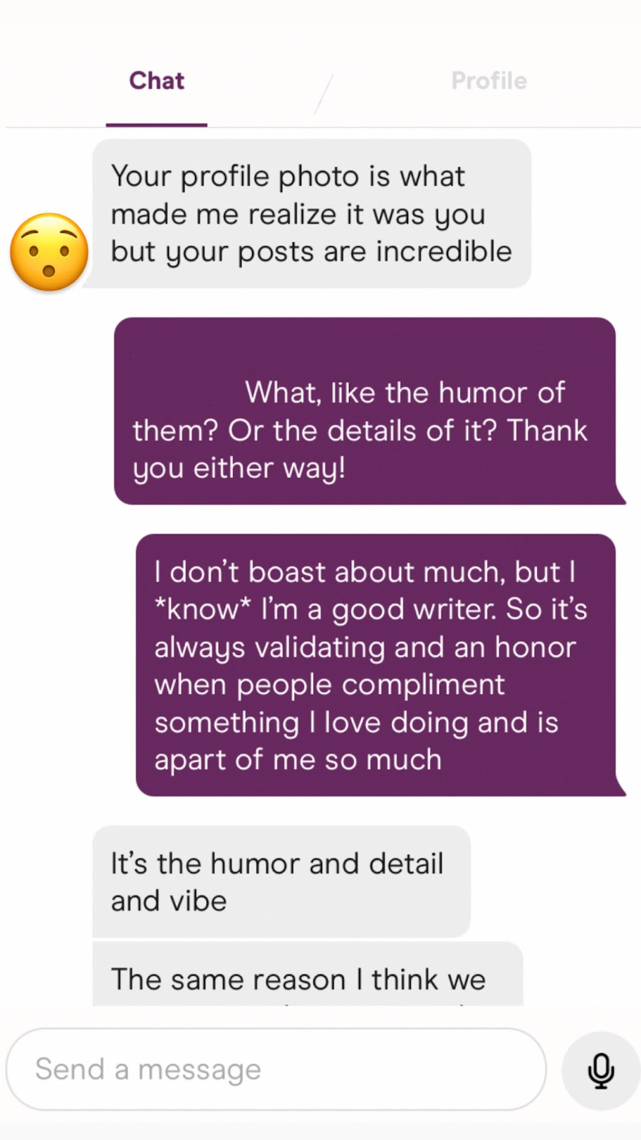 A screenshot from Hinge with a guy realizing he admired my writing.