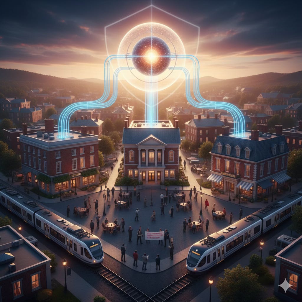 An architectural and digital illustration of a historic town square with red brick buildings and a commuter train. High above the central building, a glowing golden orb is encased in a translucent blue hexagonal shield. Glowing blue data lines extend from this central orb like power lines, connecting it directly to the rooftops of adjacent buildings, representing a centralized infrastructure hub feeding into local community newsrooms. In the foreground, diverse groups of people are gathered in a vibrant, walkable public plaza. An architectural and digital illustration of a historic town square with red brick buildings and a commuter train. High above the central building, a glowing golden orb is encased in a translucent blue hexagonal shield. Glowing blue data lines extend from this central orb like power lines, connecting it directly to the rooftops of adjacent buildings, representing a centralized infrastructure hub feeding into local community newsrooms. In the foreground, diverse groups of people are gathered in a vibrant, walkable public plaza.