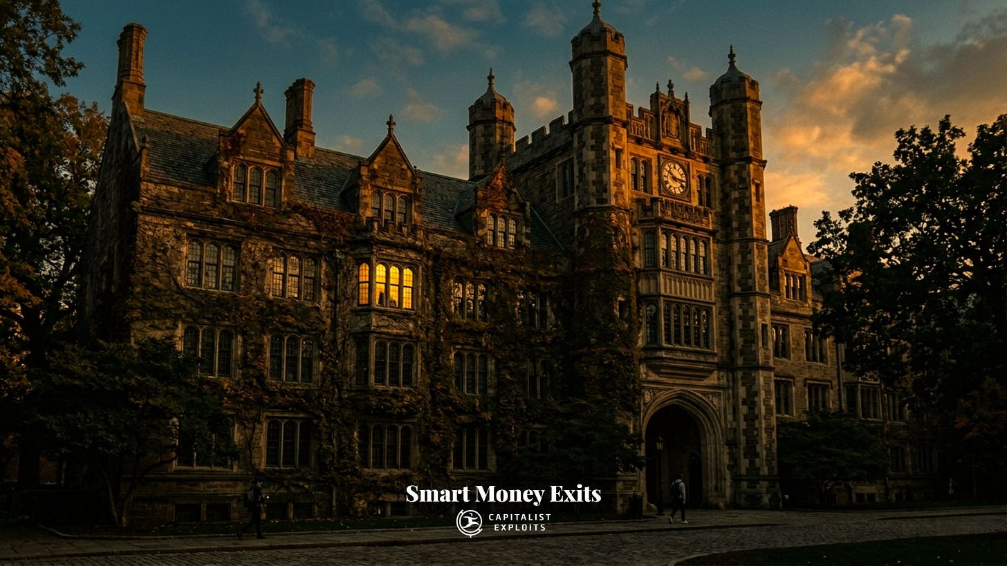 Gothic university building at sunset with clock tower and ivy-covered stone walls