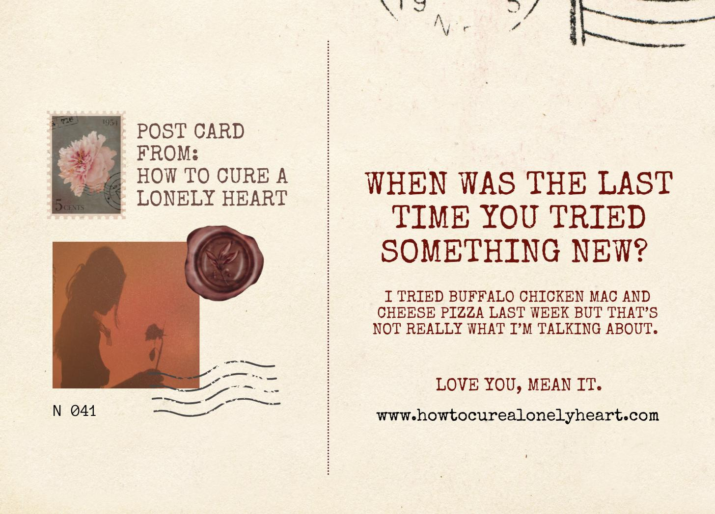 Vintage postcard asking when was the last time you tried something new - fall transformation and seasonal change inspiration
