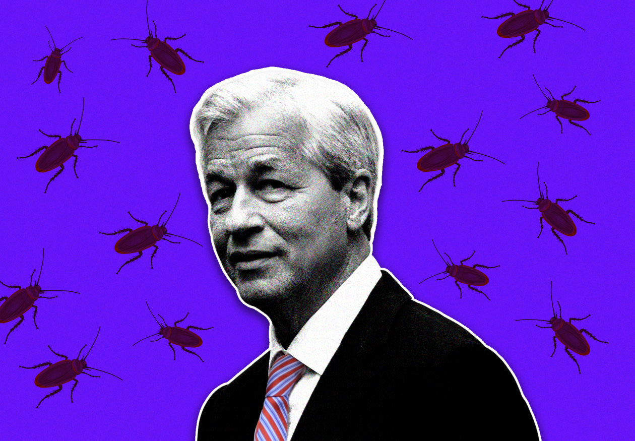 Illustration of Jamie Dimon on a purple background with many cockroaches.