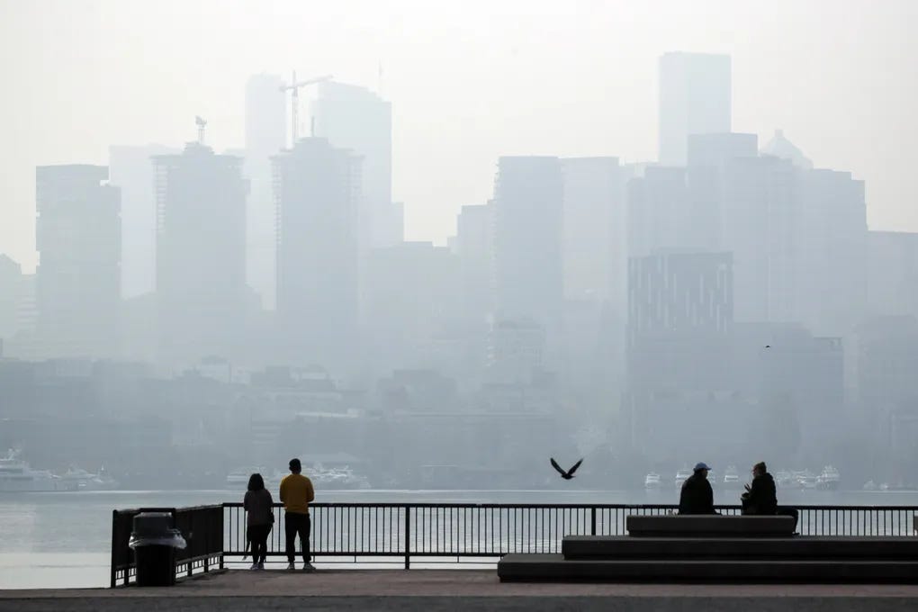 Smoke fills the skyline from Gas Works Park in Seattle on Wednesday afternoon. The city ranked as the worst city worldwide for air quality and pollution for much of Wednesday afternoon. (Kevin Clark / The Seattle Times) Smoke fills the skyline from Gas Works Park in Seattle on Wednesday afternoon. The city ranked as the worst city worldwide for air quality and pollution for much of Wednesday afternoon. (Kevin Clark / The Seattle Times)