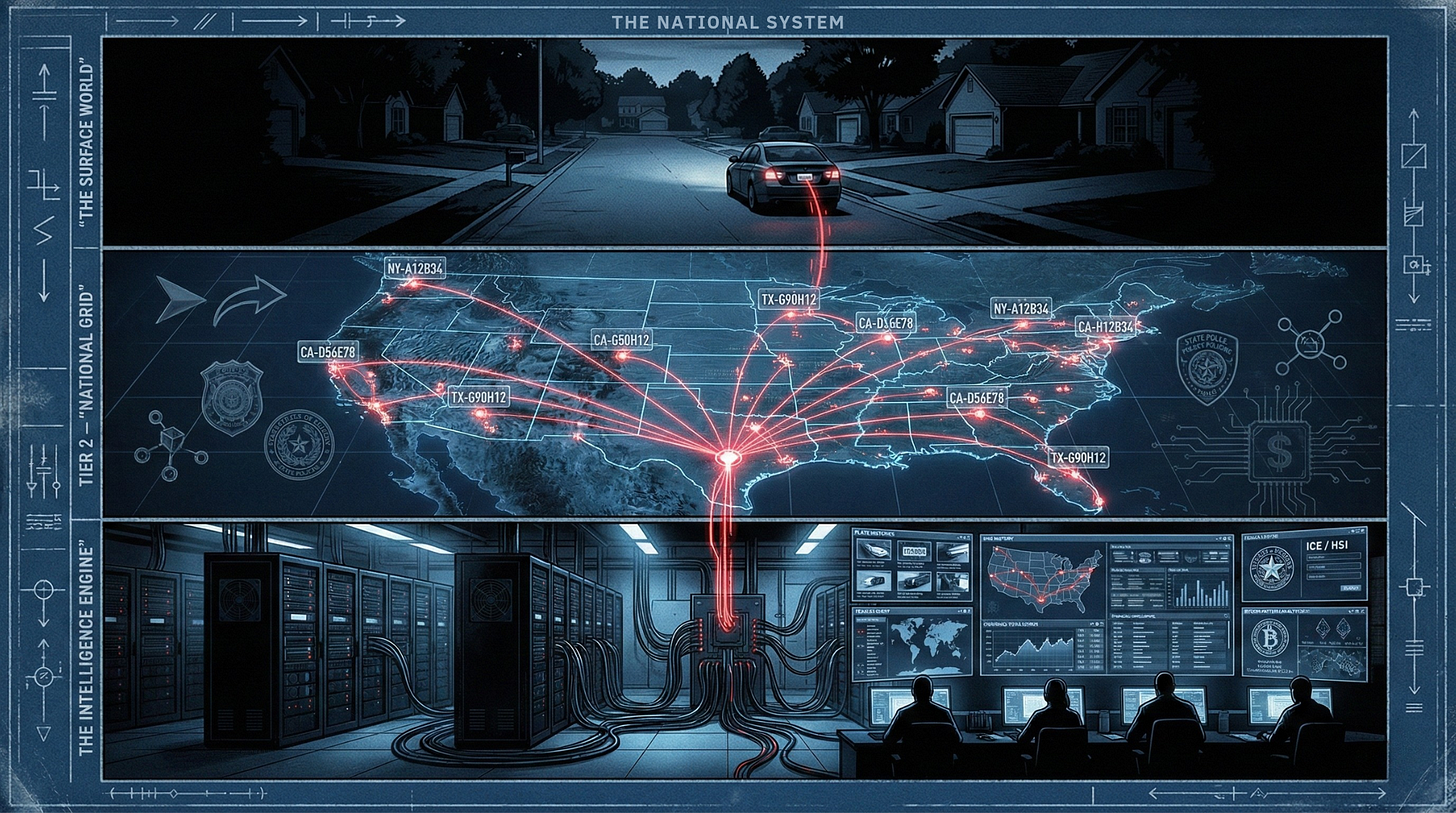 Three-tier graphic-novel–style illustration showing the national ALPR system: a nighttime suburban street with a car whose plate data is captured; a U.S. map with red data lines routing to Texas; and a large intelligence center filled with analysts monitoring financial-crime and vehicle-tracking dashboards. Three-tier graphic-novel–style illustration showing the national ALPR system: a nighttime suburban street with a car whose plate data is captured; a U.S. map with red data lines routing to Texas; and a large intelligence center filled with analysts monitoring financial-crime and vehicle-tracking dashboards.