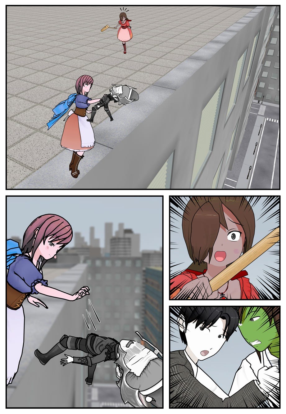 Before Jackie can catch up, Vana throws Mouse over the edge of the building. Jackie and Ace watch in dismay.