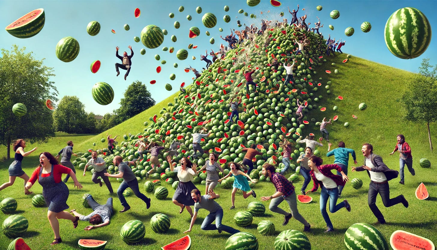 A realistic scene of an avalanche of watermelons rolling down a hill, with people screaming and running away from the onslaught of watermelons. The sky is clear blue, and the scene is set in a green, grassy park. The people are diverse in age and clothing, with expressions of fear and surprise on their faces. Some watermelons are mid-air, adding to the chaotic atmosphere. The overall mood is both humorous and dramatic.