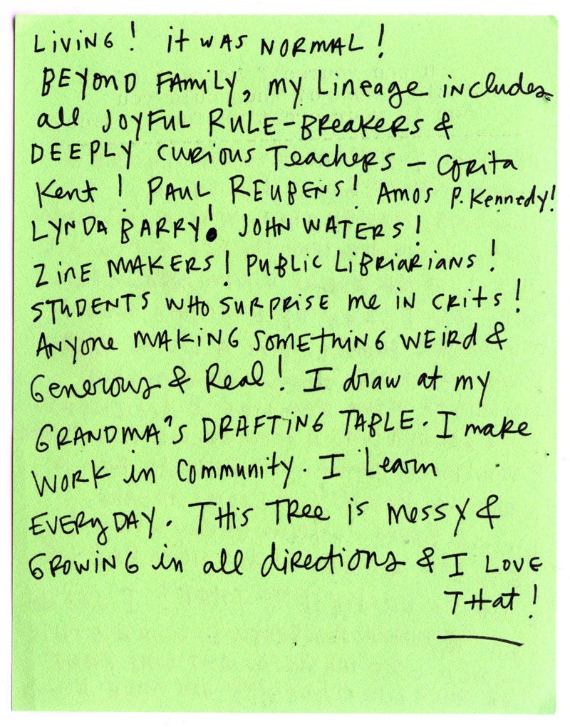 Living! It was normal!  Beyond family, my lineage includes joyful rule-breakers and deeply curious teachers—Corita Kent, Paul Reubens, Amos P. Kennedy, Lynda Barry, John Waters! Zine makers! Public librarians! Students who surprise me in crits! Anyone making something weird & generous & real!  I draw at my grandma’s drafting table. I make work in community. I learn every day.  This tree is messy, growing in all directions—and I love that!