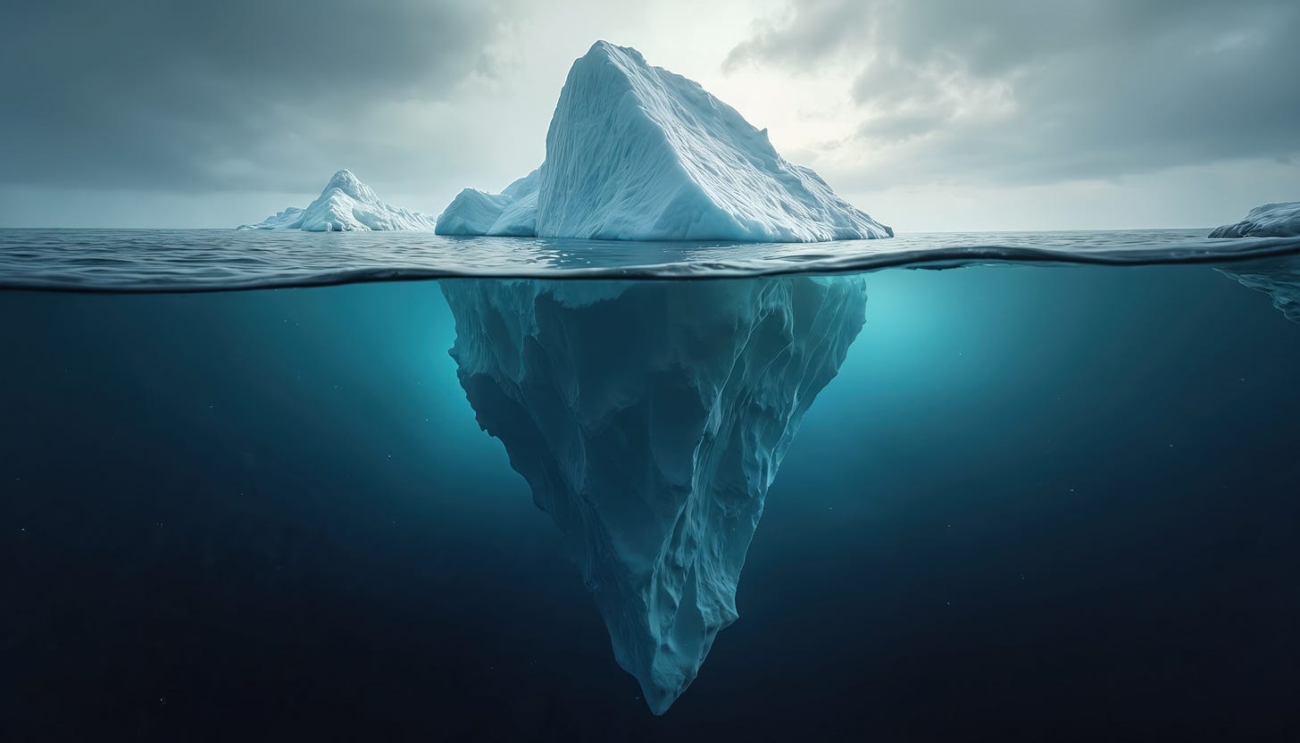 Iceberg floating in the ocean with only a small portion visible above the waterline and a much larger mass hidden below the surface.