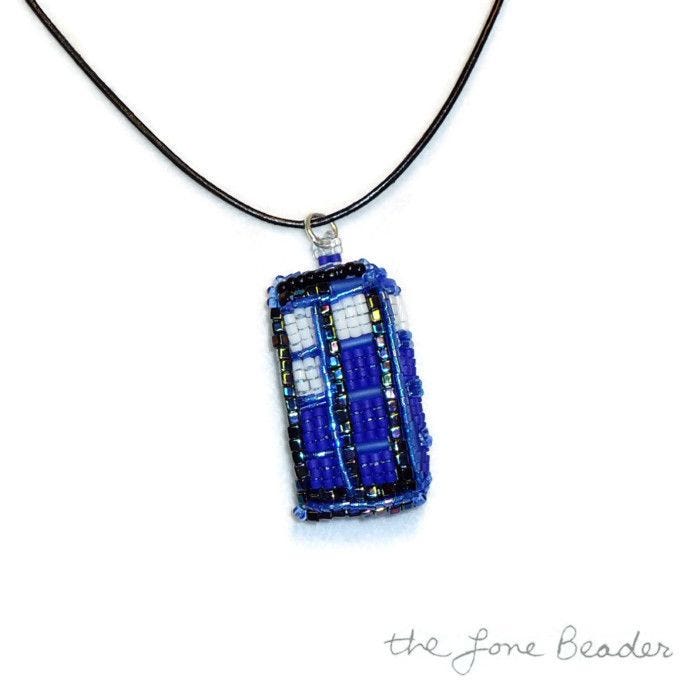 Beaded Tardis Dr. Who pendant earrings bead embroidery etsy art jewelry for sale