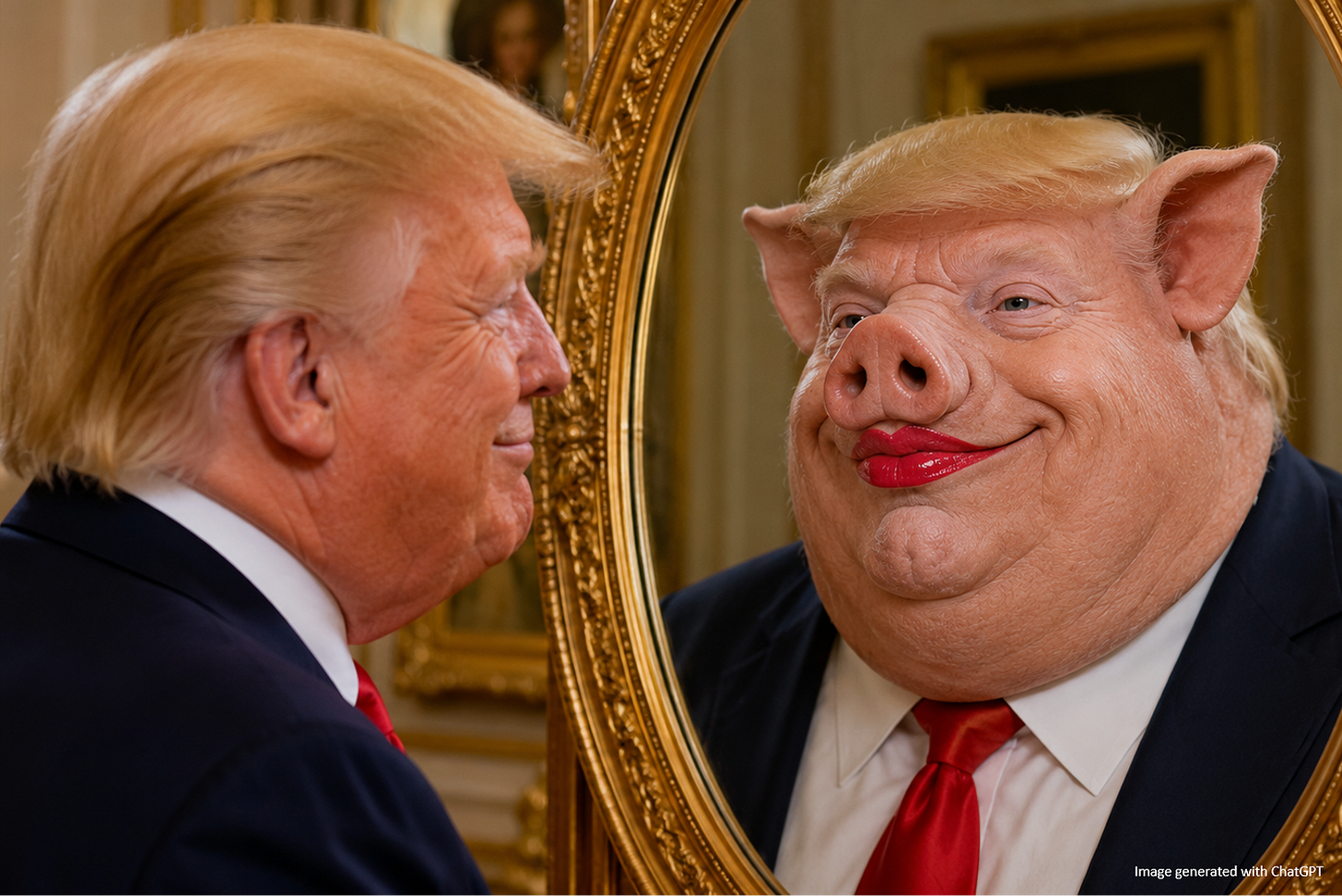 Picture of Donald Trump looking into an oval, gold-framed mirror. His reflection shows Trump as a pig, wearing bright red lipstick.