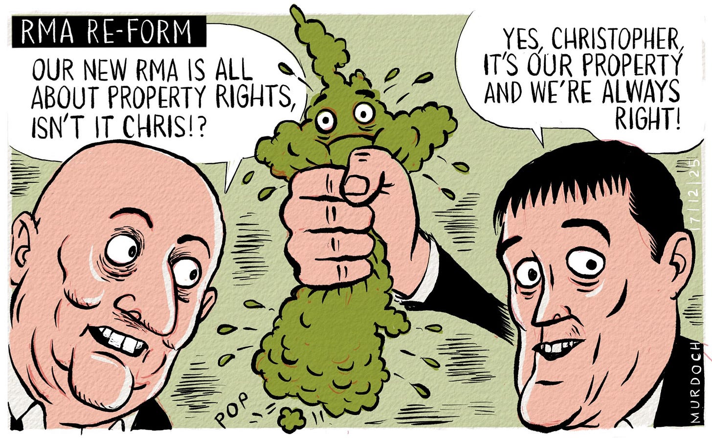 Cartoon. Title: RMA Re-Form. Image shows PM Christopher Luxon on the left, and Christopher Bishop, Minister Responsible for RMA Reform, gripping New Zealand by the neck, on the right.  The PM is saying, “Our new RMA is all about property rights, isn’t it Chris!?” And Chris Bishop is saying, “Yes, Christopher, it’s our property and we’re always right!”