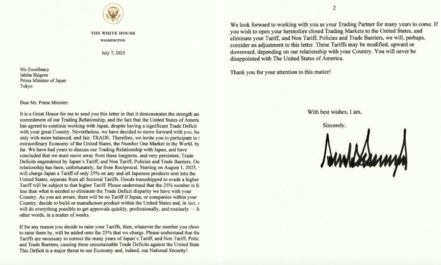 Thư thuế quan được Tổng thống Mỹ Donald Trump gửi lãnh đạo Nhật Bản ngày 7/7 - Nguồn: Donald Trump/Truth Social. Thư thuế quan được Tổng thống Mỹ Donald Trump gửi lãnh đạo Nhật Bản ngày 7/7 - Nguồn: Donald Trump/Truth Social.