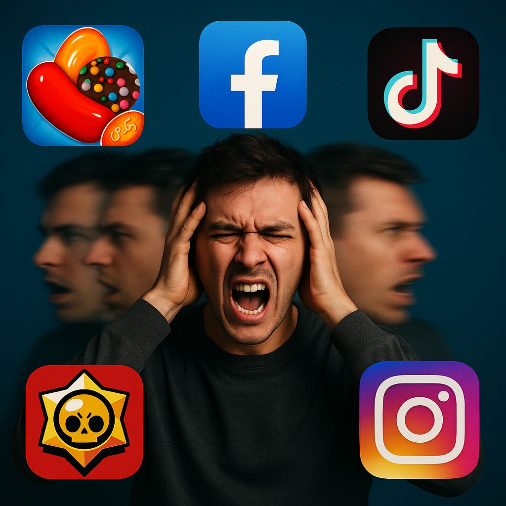 a person frustrated surrounded by social media app logos, they should be looking in multiple directions (multiple heads like a action blur/movement) it should include candy crush, facebook, tik-tok, brawl stars, and instagram)