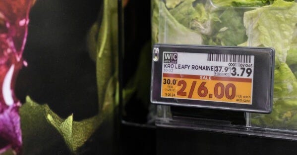 Electronic grocery labels are displayed at a Kroger grocery store, in Monroe, Ohio, Nov. 13, 2024. (AP Photo/Jeff Dean)