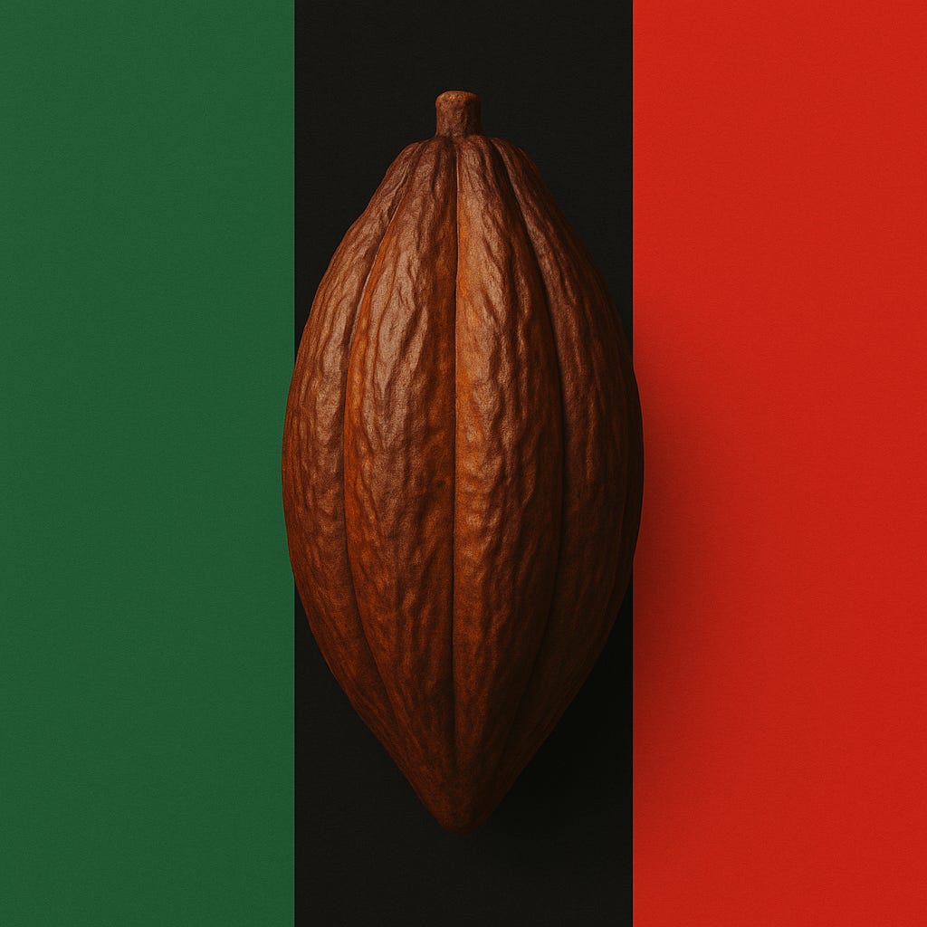 A naturalistic photo featuring a single cocoa pod surrounded by green foliage and soft sunlight, with hints of red, gold, and black tones integrated into the frame. The composition symbolises sustainability, resilience, and the tension between environmental ideals and the farmer’s lived reality.