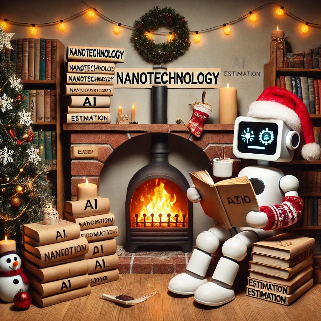 A quirky holiday-themed image featuring a cozy fireplace surrounded by stacks of books labeled 'nanotechnology,' 'AI,' and 'estimation.' In the scene, a robot wearing a Santa hat is awkwardly holding a cup of hot cocoa, while a snowman reads a book by the fire. The room is decorated with fairy lights, garlands, and a glowing Christmas tree in the corner. The overall vibe is warm and slightly humorous, as if the scene was intentionally a bit clumsy and imperfect.