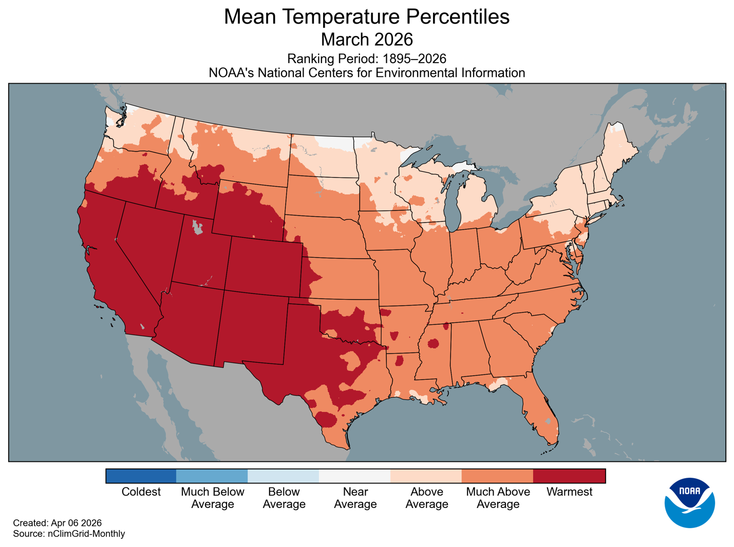 Map of the U.S. showing temperature percentiles for March 2026 with warmer areas in gradients of red and cooler areas in gradients of blue.
