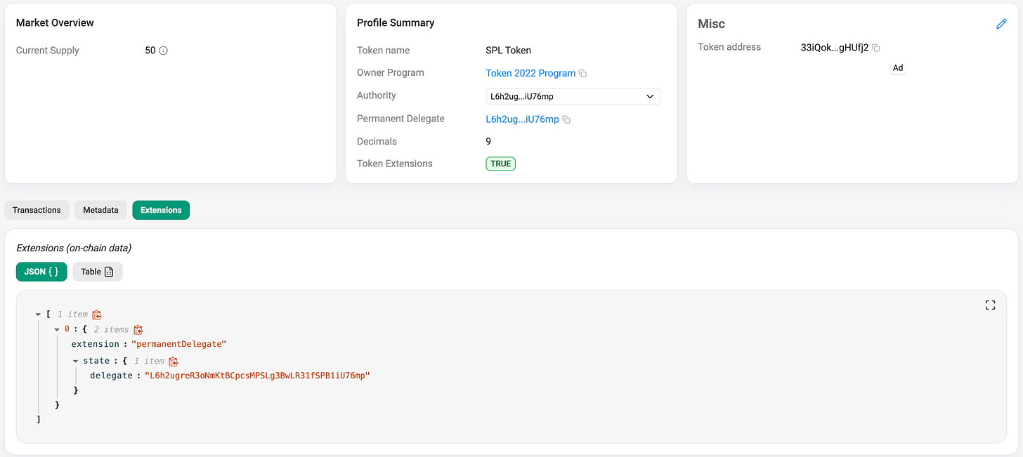 Explorer view of a Token-2022 mint with the Permanent Delegate extension enabled
