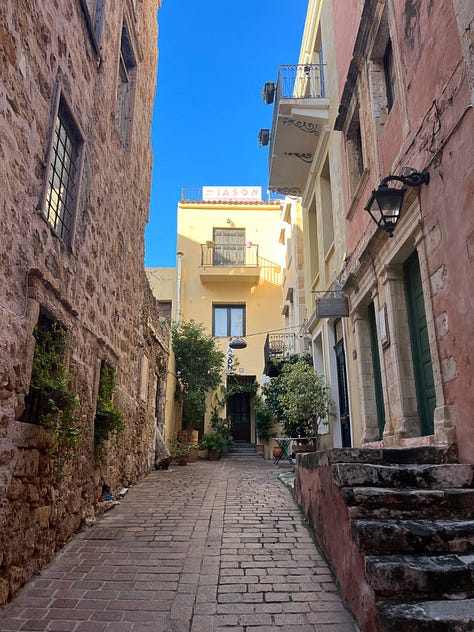 Enjoy a slow sunny afternoon sitting outside of Chania Sailing Club - Neorio Moro, perhaps after a late lunch at Kouzina EPE where they serve traditional Cretan home cooking with daily specials made fresh in the open kitchen. The bookstore around the corner Το μικρό καράβι has a good selection of English books and postcards, where I found The Greeks by Roderick Beaton, a book on Greek history that I’ve enjoying since.