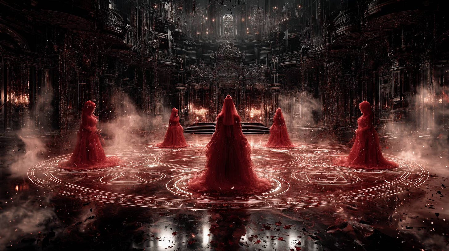 Five hooded women in flowing red gowns stand within a glowing ritual circle in a vast gothic hall filled with mist and firelight.
