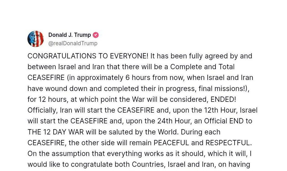 💥Rendkívüli Hír💥 Irán és Izrael megállapodott a teljes tűzszünetről - tette közzé Donald Trump - Íme magyarul