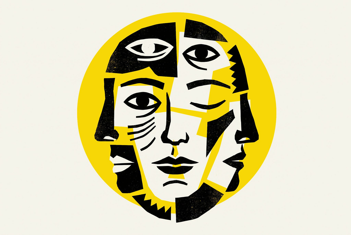 A face built from several mismatched faces that don't quite align, one company splintered into many versions of itself.
