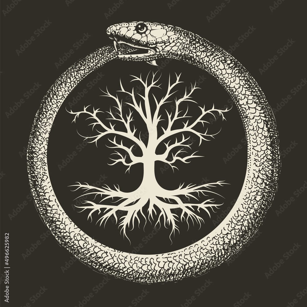 Ouroboros Snake and Tree of Life Ancient Esoteric Symbol