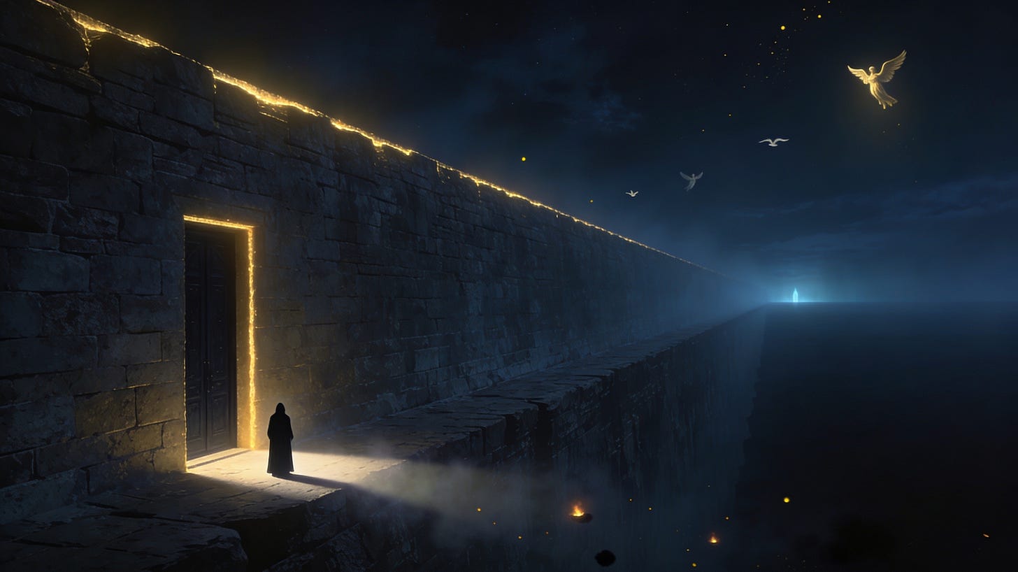 A lone hooded figure seen from behind stands at the foot of a colossal wall, before a single dark doorway whose interior is an ambiguous, unresolved darkness. A few faint angels fly far above.