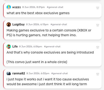 Players discuss Xbox exclusivity in the general-chat channel