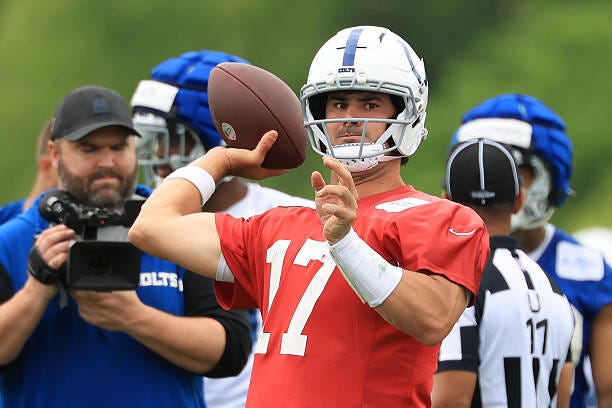 Daniel Jones of the Indianapolis Colts throws a pass during the Indianapolis Colts OTA Offseason Workouts at Indiana Farm Bureau Football Center on... Daniel Jones of the Indianapolis Colts throws a pass during the Indianapolis Colts OTA Offseason Workouts at Indiana Farm Bureau Football Center on...