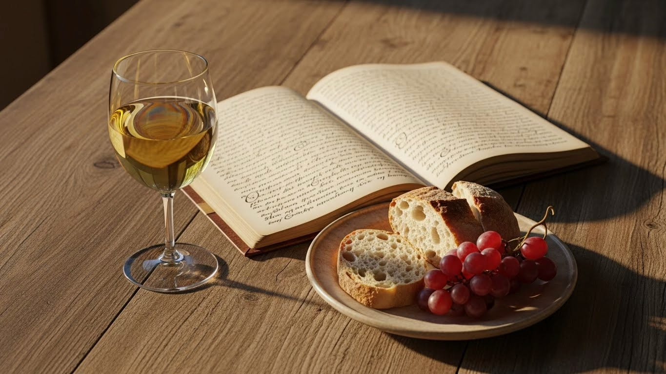 Open journal and wine glass on a warm wooden table in soft afternoon light — Writing from the Table by Jennifer Ann Blair Open journal and wine glass on a warm wooden table in soft afternoon light — Writing from the Table by Jennifer Ann Blair