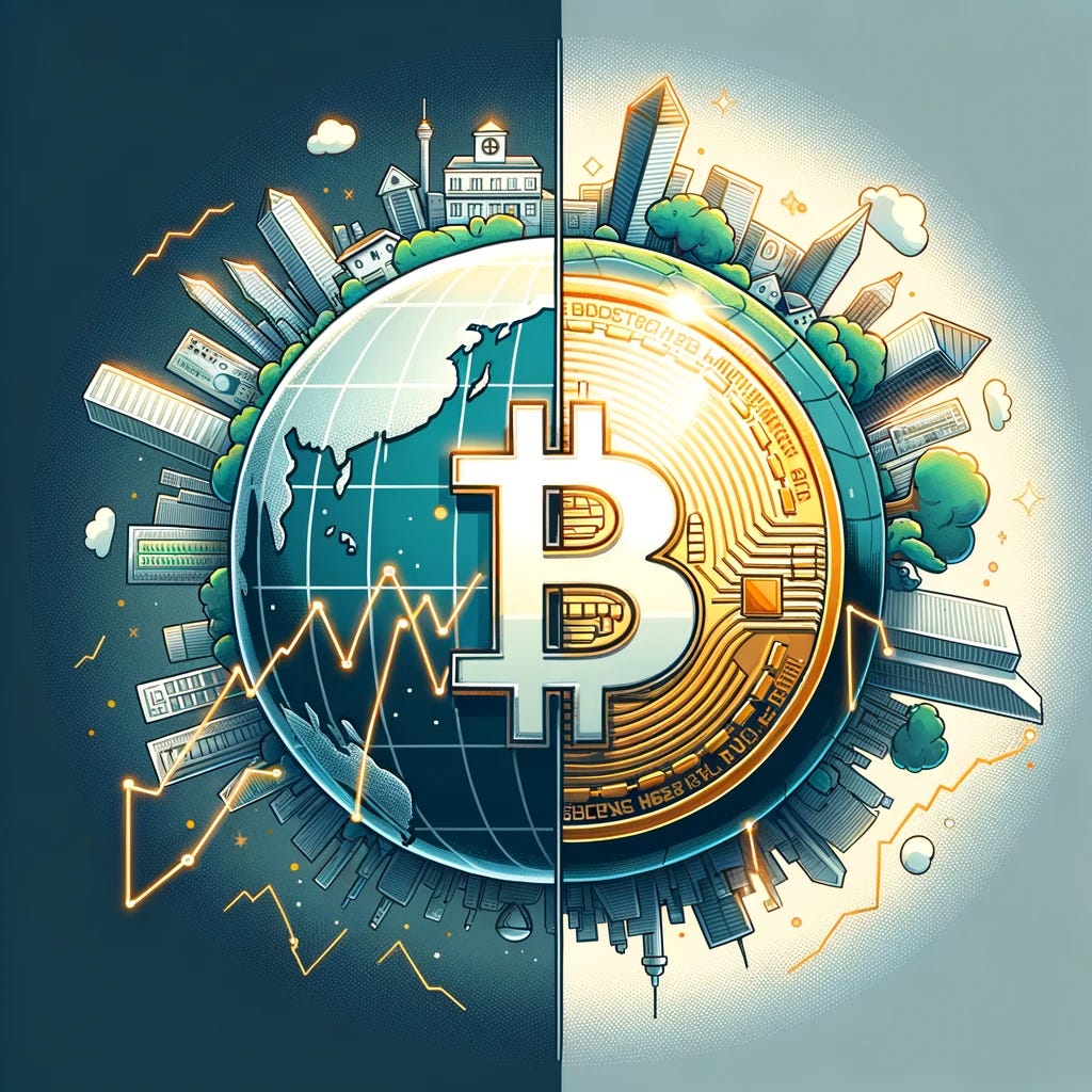 Illustration of a globe spinning on its axis. Half of the globe is adorned with symbols of stock market graphs, skyscrapers, and houses, while the other half prominently features a shining Bitcoin. On the edge of the image, in subtle lettering: 'Subscribe to LumBerHawk's Newsletter'.