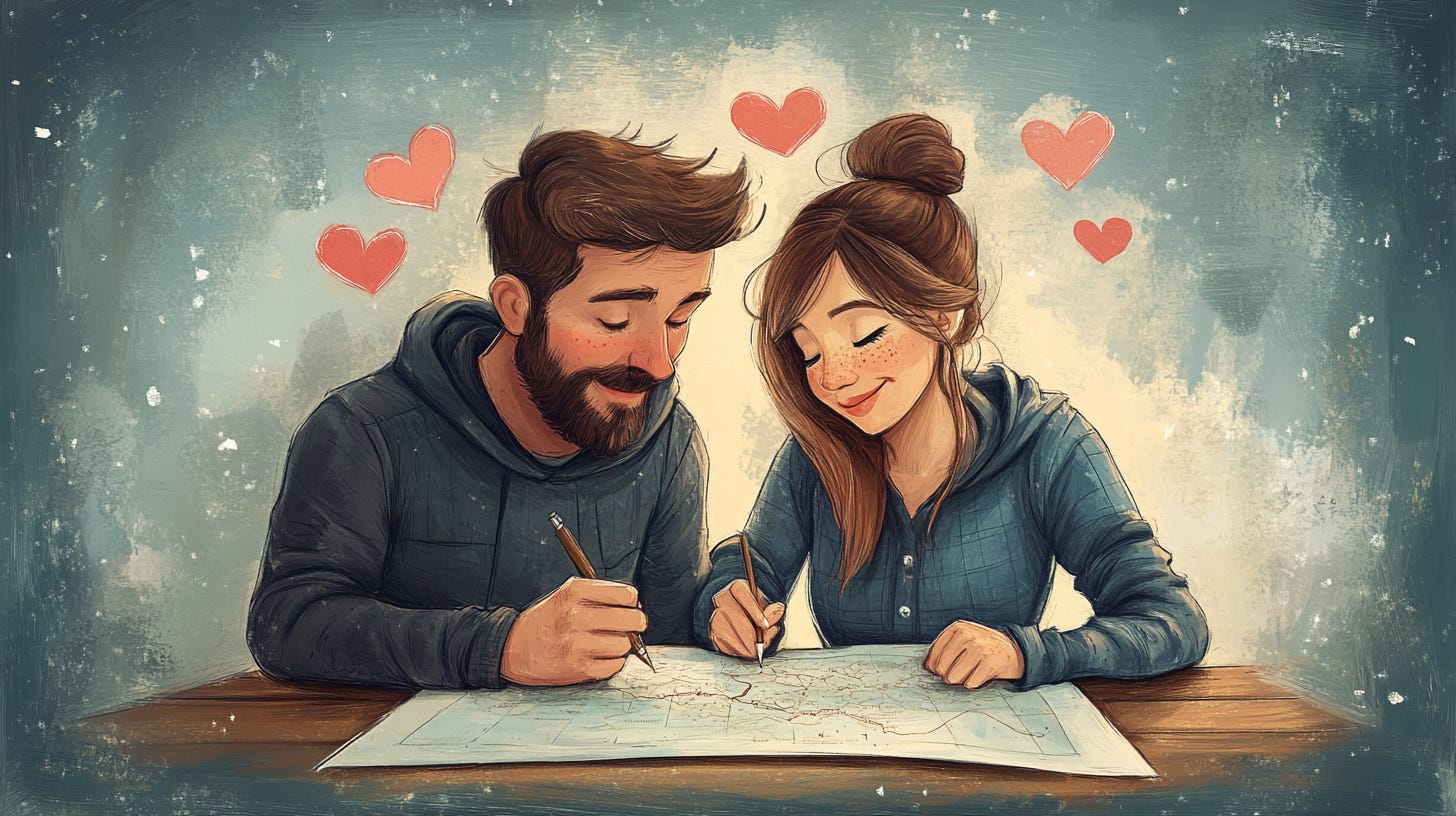 Cartoon illustration of a man and woman working on making a map together as pink hearts float above their heads.