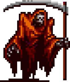 Animated gif of a red-cloaked skeleton holding a scythe from Vampire Survivors.