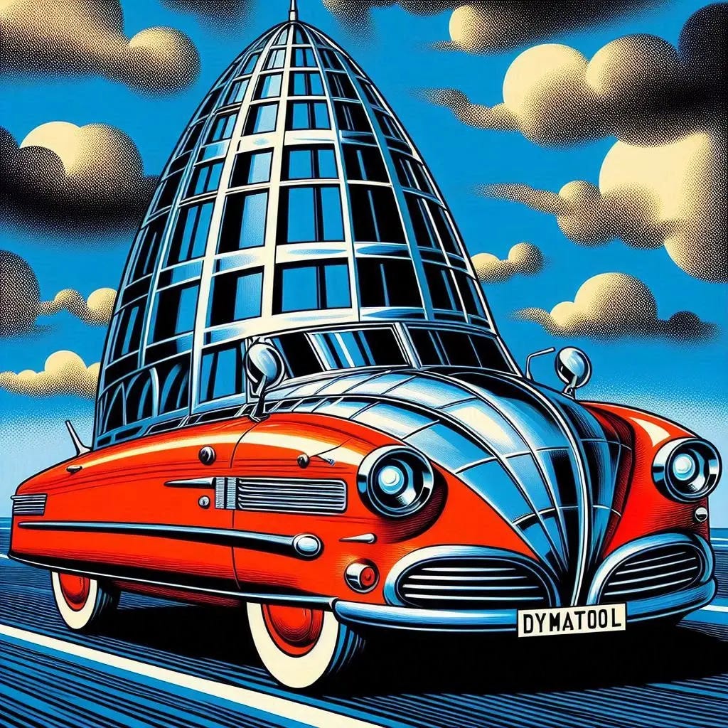 dymaxion car in the style of roy lichtenstein