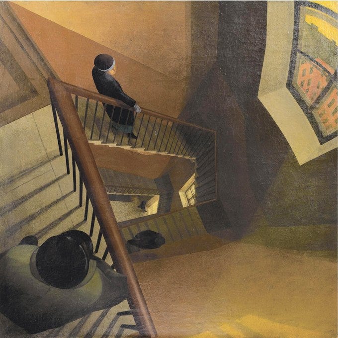 A painting by Leonid Chupiatov depicting a staircase viewed from above. Two figures are visible: one descending the stairs wearing a dark coat and hat, and another sitting on the lower steps. A large window with a colorful, abstract design illuminates the scene.
