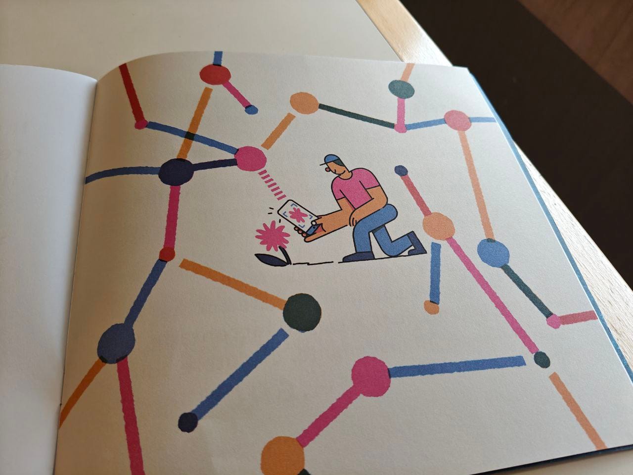 Illustrazione dalla Scatolina WEB di effequ disegnata da Nicola Giorgio. Illustrazione a colori su una pagina di un libro aperto. Mostra un uomo inginocchiato che innaffia un piccolo fiore con una lattina. Il fiore e l'uomo si trovano all'interno di una complessa rete di linee e cerchi colorati (rossi, arancioni, blu scuro, rosa, verde scuro) che si collegano, ricordando una rete o un grafico di dati. La lattina ha un'icona di notifica o un simbolo di rete sullo sfondo, suggerendo una connessione tra la cura e la tecnologia o i dati.