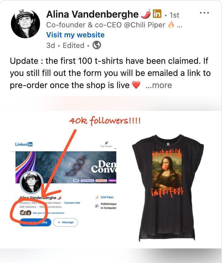 LinkedIn post by Alina Vandenberghe, showing a screenshot of her follower number and of the T-shirt her team designed as a giveaway to celebrate the milestone