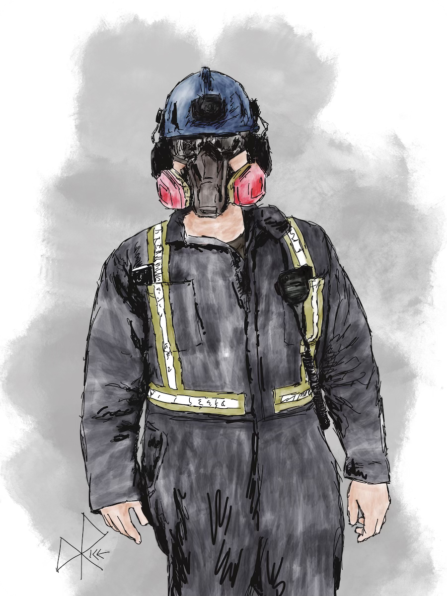 A man stands ready for work - wearing his coveralls, respirator, hard hat and ear+eye protection. Sketch art by Don Rice. A man stands ready for work - wearing his coveralls, respirator, hard hat and ear+eye protection. Sketch art by Don Rice.
