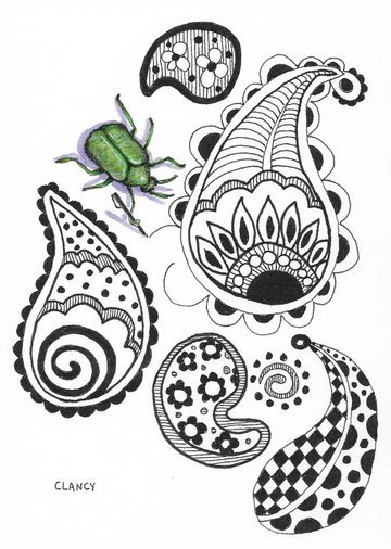 A green bug with a squashed rectangular body, drawing a rounded pattern that has a lot of different patters inside each one. 