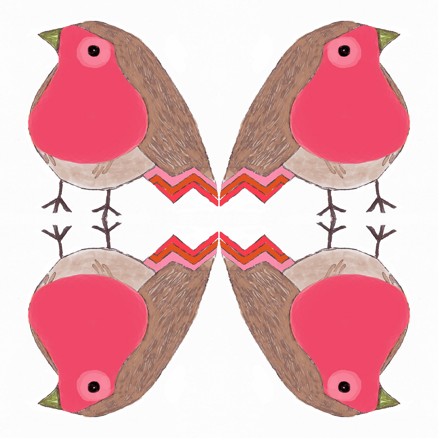 Design of 4 robins on white background by Julia Laing