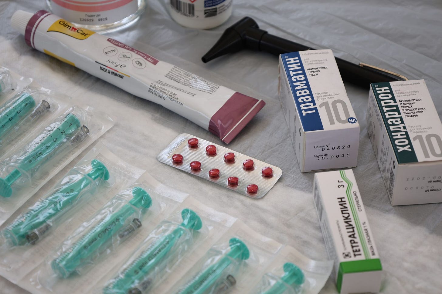 Photo by Tahir Xəlfəquliyev on Pexels Flat lay of medical supplies including syringes, pharmaceuticals, and an otoscope on a table. (stock photo)