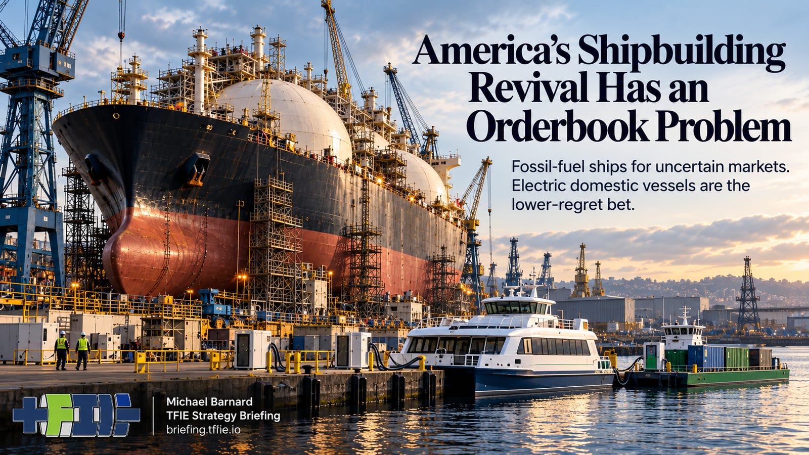 Editorial composite showing an LNG carrier under construction in a large American shipyard, contrasted with smaller battery-electric ferry and inland cargo vessels. Headline: America's Shipbuilding Revival Has an Orderbook Problem.