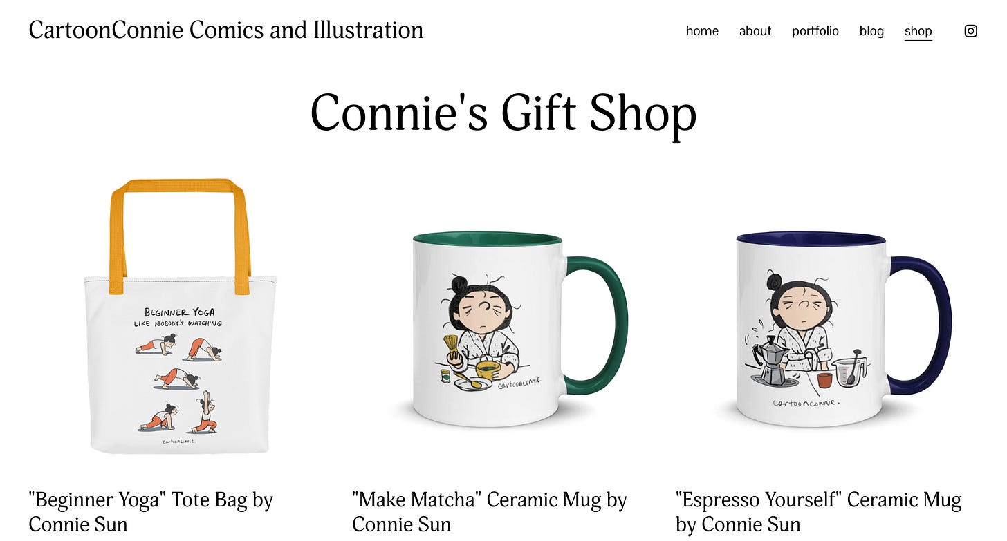 Screenshot of cartoon-themed gifts from CartoonConnie Comics online store, November 2025 Screenshot of cartoon-themed gifts from CartoonConnie Comics online store, November 2025