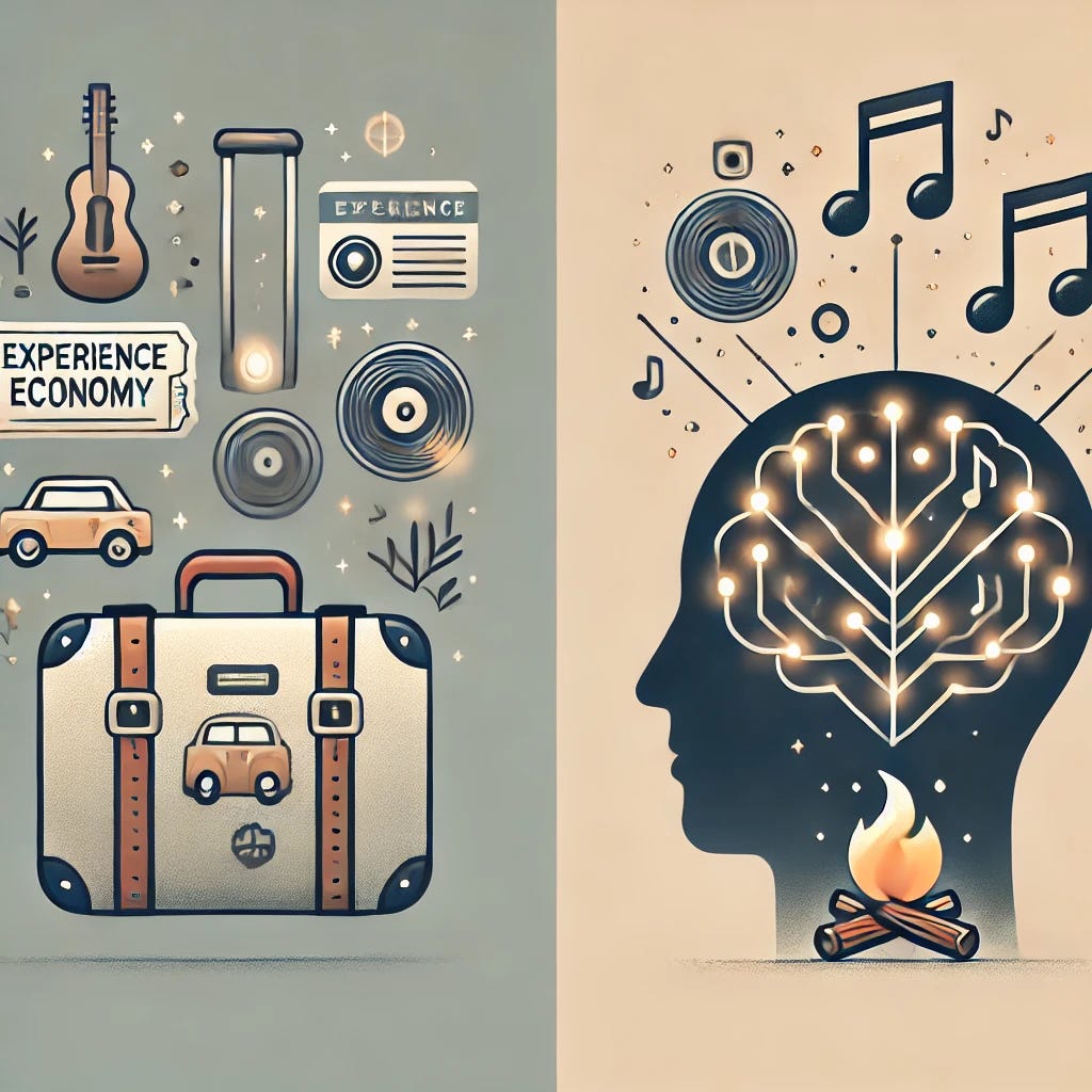 A minimalist and elegant illustration representing the 'Experience Economy,' emphasizing the value of memories over material possessions. One image features a suitcase, a concert ticket, and a camera icon subtly connected by a dotted line to evoke travel and meaningful experiences. The second image shows a human brain with glowing icons of a campfire, music notes, and a road sign inside, symbolizing cherished memories. Use a soft, muted palette with accents of blue and gold to create a calm and thoughtful design.