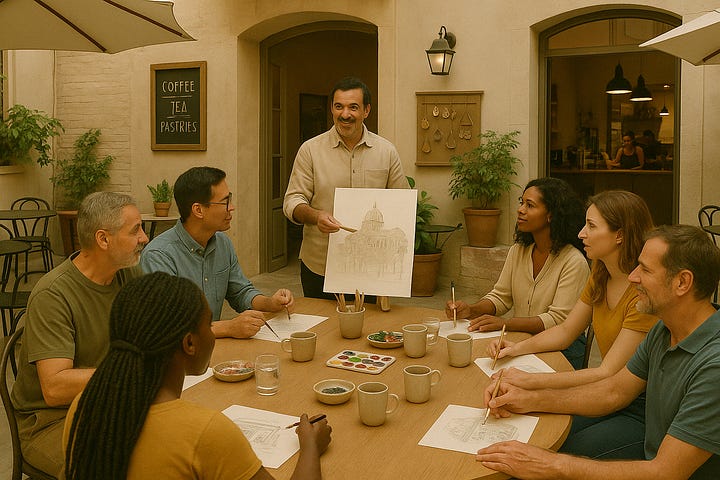 Two scenes from a community-centered retreat: on the left, a casual courtyard café where guests chat and work with laptops; on the right, a local artist leads a creative workshop, presenting a sketch to an engaged group seated around a large table. Both images reflect connection, culture, and collaboration in a warm, inviting space. Images created with DALL·E.