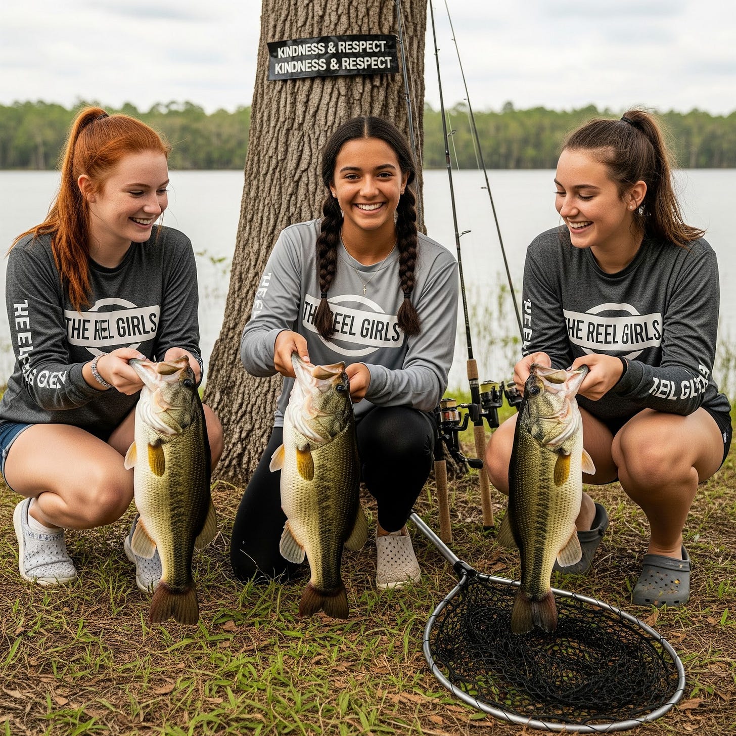 3 teen girls doing a photo opp on shore with the lunker they caught 3 teen girls doing a photo opp on shore with the lunker they caught
