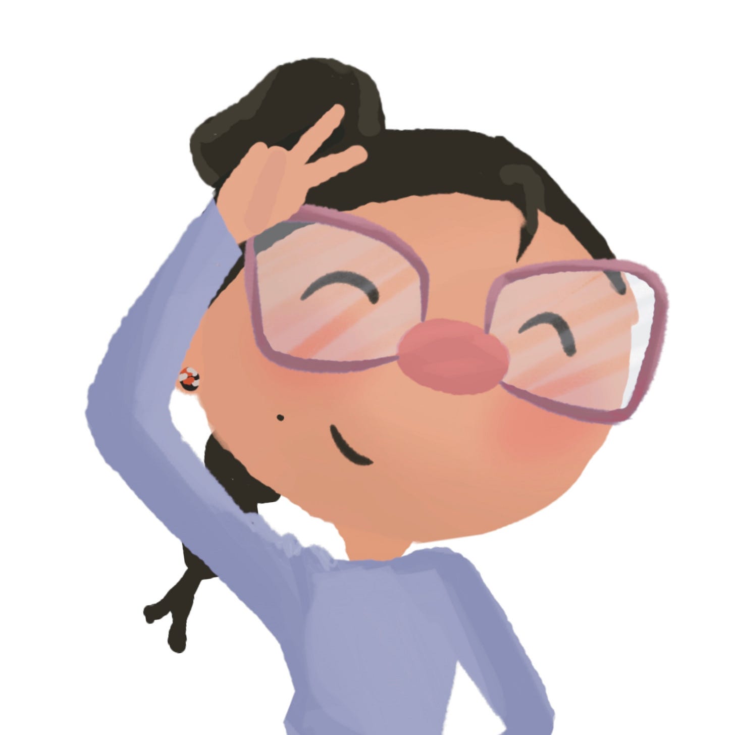 girl with glasses and braided ponytail holding up peace sign with smile